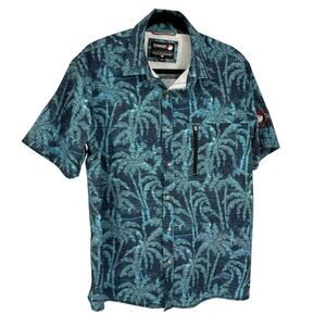 Canada Weather Gear Blue Palm Print Short Sleeve Button-Down Shirt Lg
